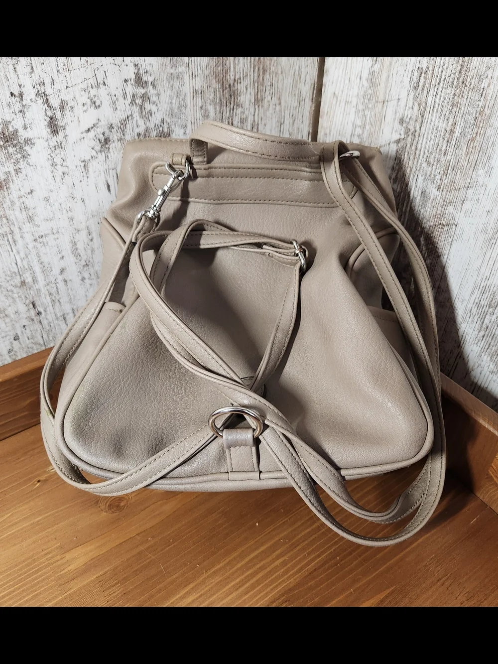 Neutral Beige Stone Crossbody Bag Silver Hardware Converts To Backpack Pockets